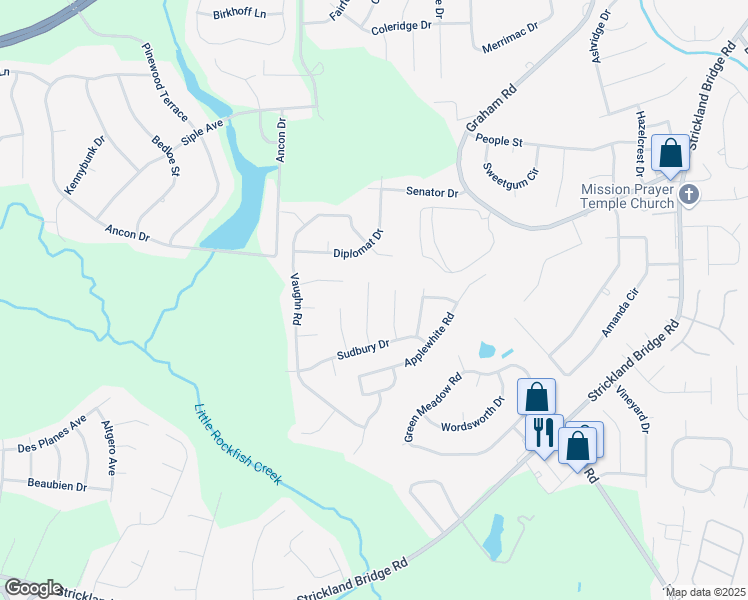 map of restaurants, bars, coffee shops, grocery stores, and more near 6775 Longparrish Court in Fayetteville