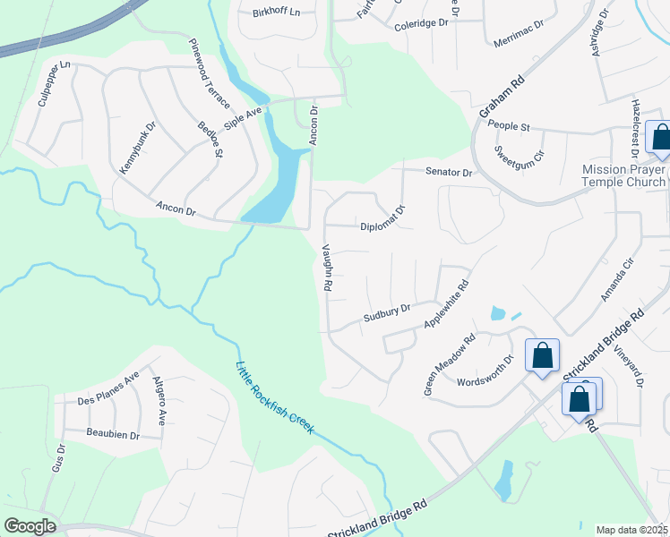 map of restaurants, bars, coffee shops, grocery stores, and more near 6673 Vaughn Road in Fayetteville