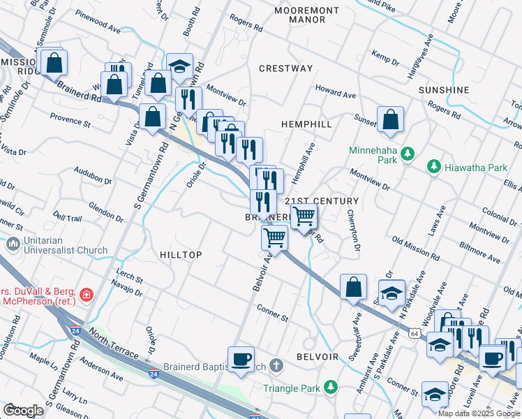 map of restaurants, bars, coffee shops, grocery stores, and more near 3926 Brainerd Road in Chattanooga