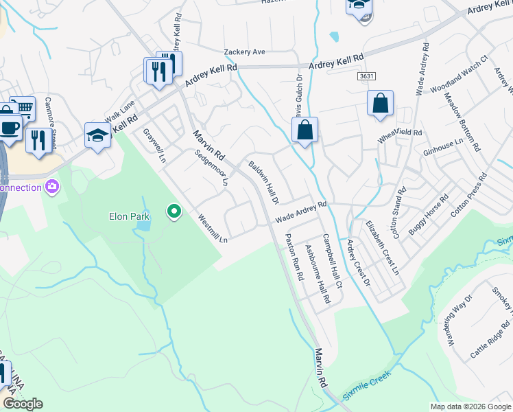 map of restaurants, bars, coffee shops, grocery stores, and more near 17528 Westmill Lane in Charlotte