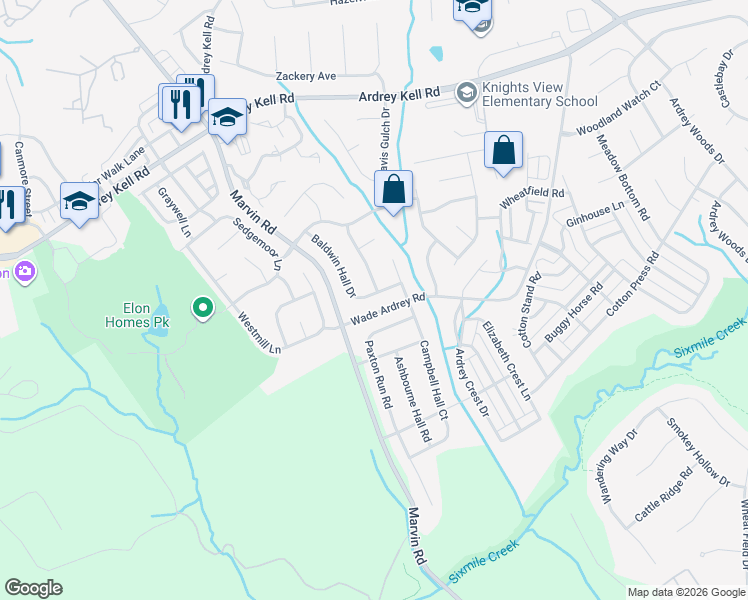 map of restaurants, bars, coffee shops, grocery stores, and more near 17504 Baldwin Hall Drive in Charlotte