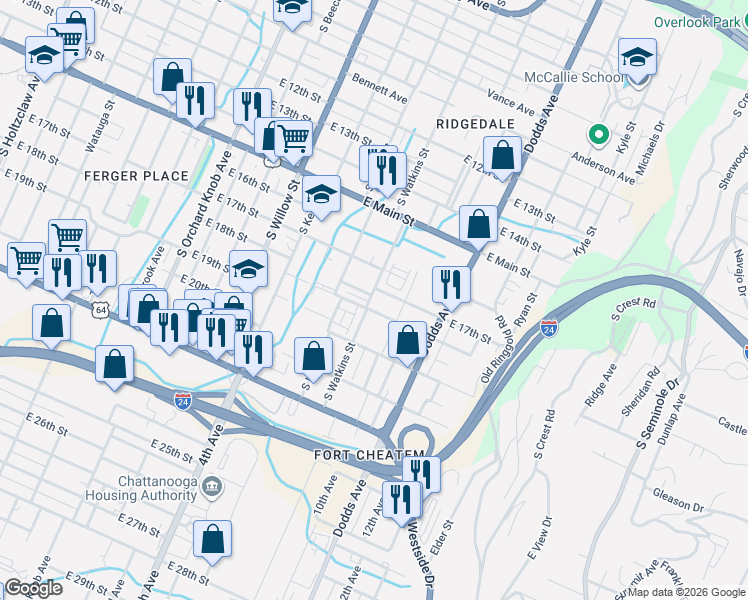 map of restaurants, bars, coffee shops, grocery stores, and more near 2437 East 17th Street in Chattanooga