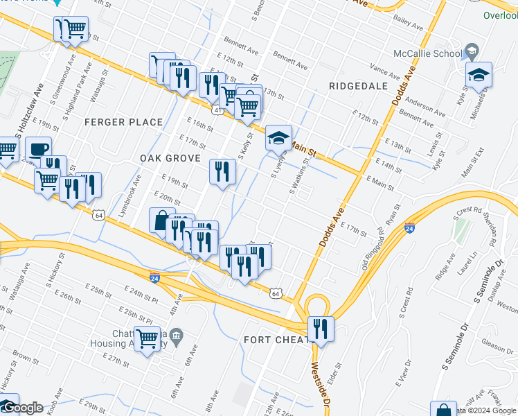 map of restaurants, bars, coffee shops, grocery stores, and more near 2223 East 19th Street in Chattanooga