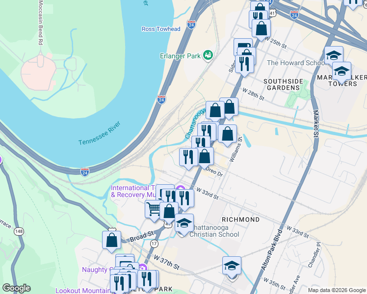 map of restaurants, bars, coffee shops, grocery stores, and more near 3105 Saint Elmo Avenue in Chattanooga