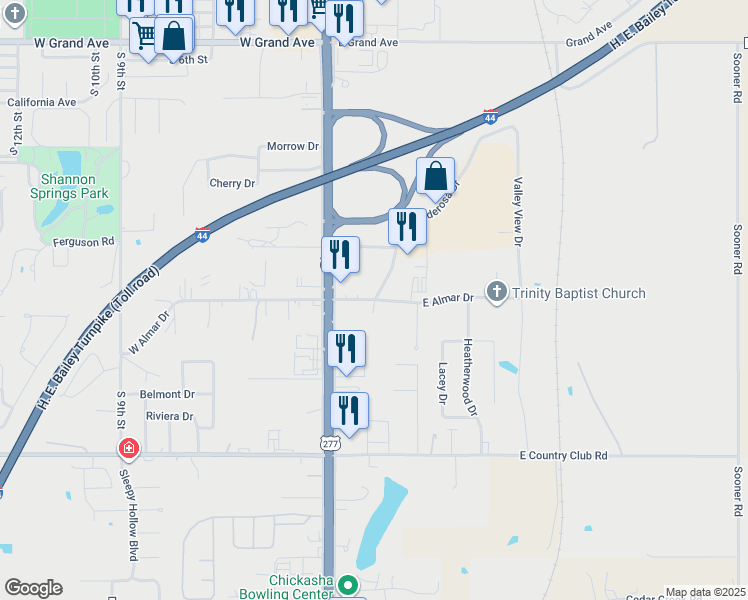map of restaurants, bars, coffee shops, grocery stores, and more near 117-211 W Almar Dr in Chickasha