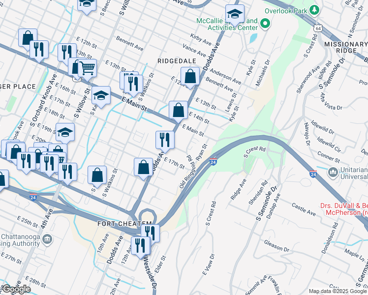 map of restaurants, bars, coffee shops, grocery stores, and more near 1523 Old Ringgold Road in Chattanooga