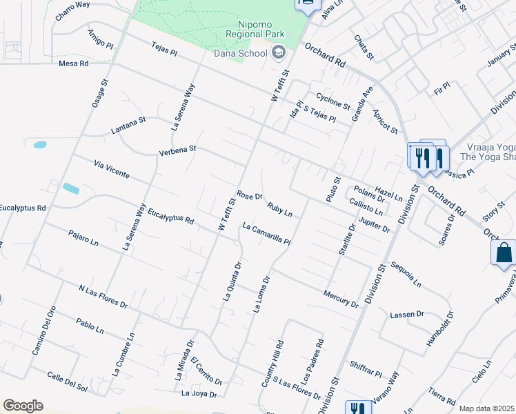 map of restaurants, bars, coffee shops, grocery stores, and more near 120 Rose Drive in Nipomo
