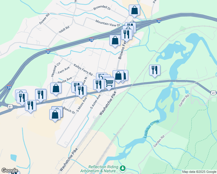 map of restaurants, bars, coffee shops, grocery stores, and more near 3003 Cummings Highway in Chattanooga