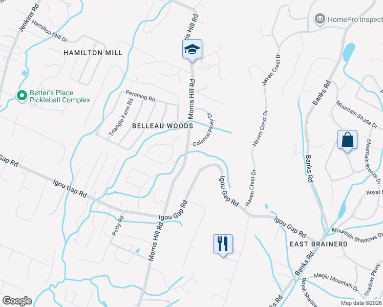 map of restaurants, bars, coffee shops, grocery stores, and more near 2012 Morris Hill Road in Chattanooga
