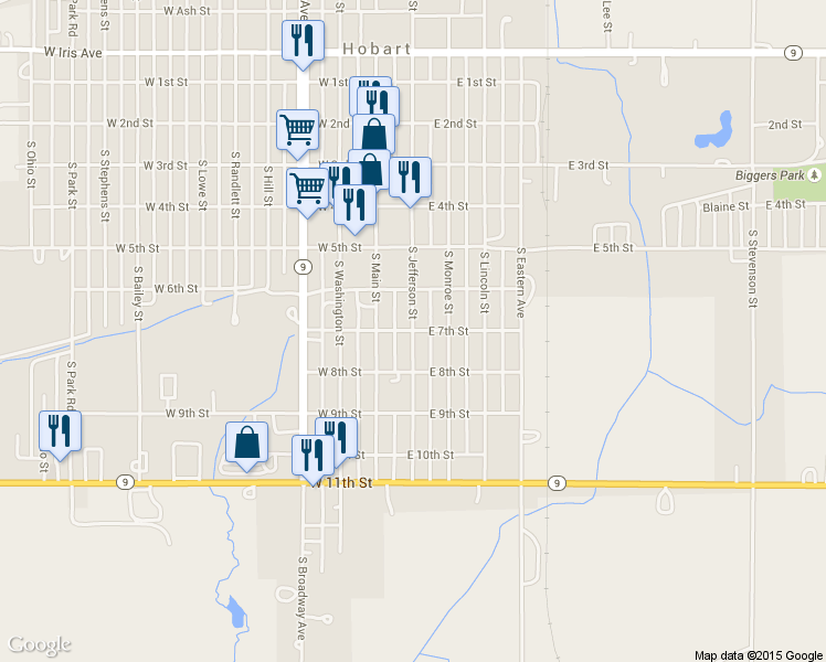 map of restaurants, bars, coffee shops, grocery stores, and more near 700 South Jefferson Street in Hobart