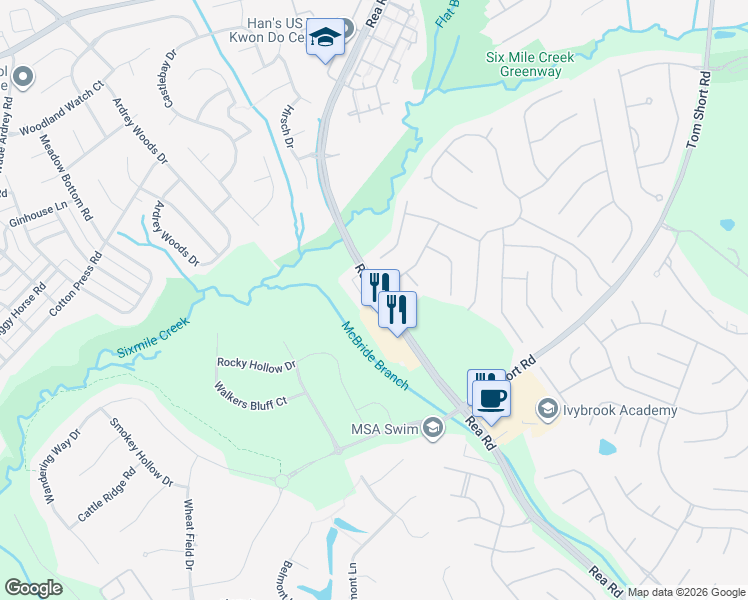 map of restaurants, bars, coffee shops, grocery stores, and more near 9107 Dartington Lane in Waxhaw