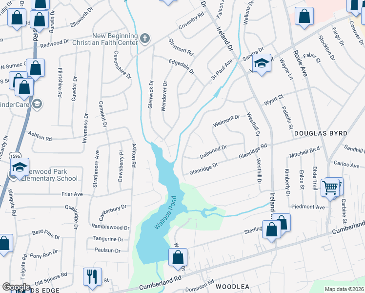 map of restaurants, bars, coffee shops, grocery stores, and more near 4130 Village Drive in Fayetteville