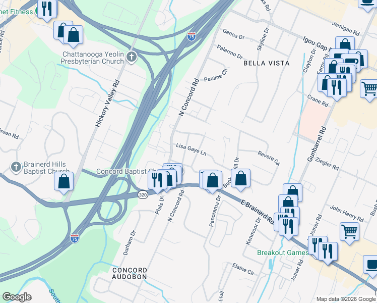 map of restaurants, bars, coffee shops, grocery stores, and more near 1508 Kippy Drive in Chattanooga