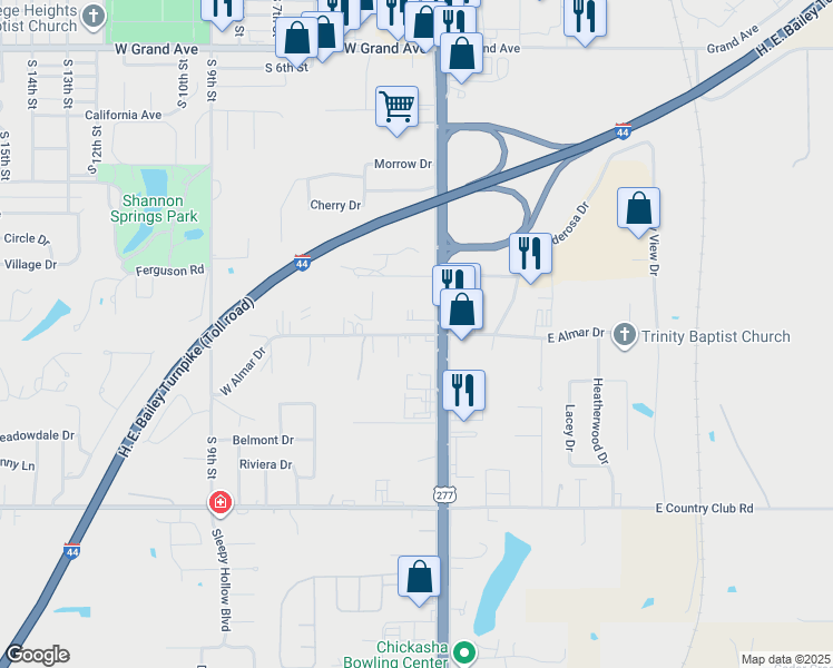map of restaurants, bars, coffee shops, grocery stores, and more near 315 West Almar Drive in Chickasha