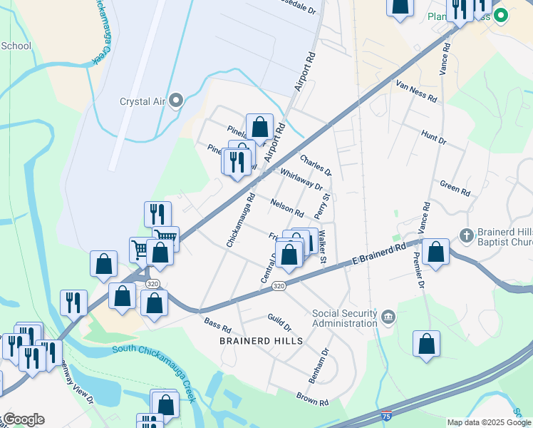 map of restaurants, bars, coffee shops, grocery stores, and more near 301 Laverne Drive in Chattanooga