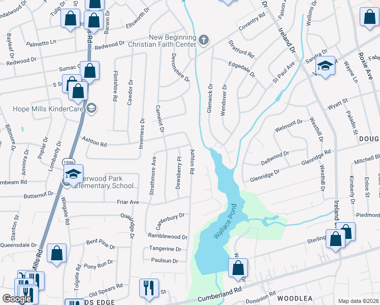 map of restaurants, bars, coffee shops, grocery stores, and more near 1810 Ashton Road in Fayetteville
