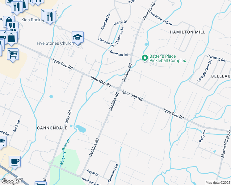 map of restaurants, bars, coffee shops, grocery stores, and more near 1845 Jenkins Road in Chattanooga