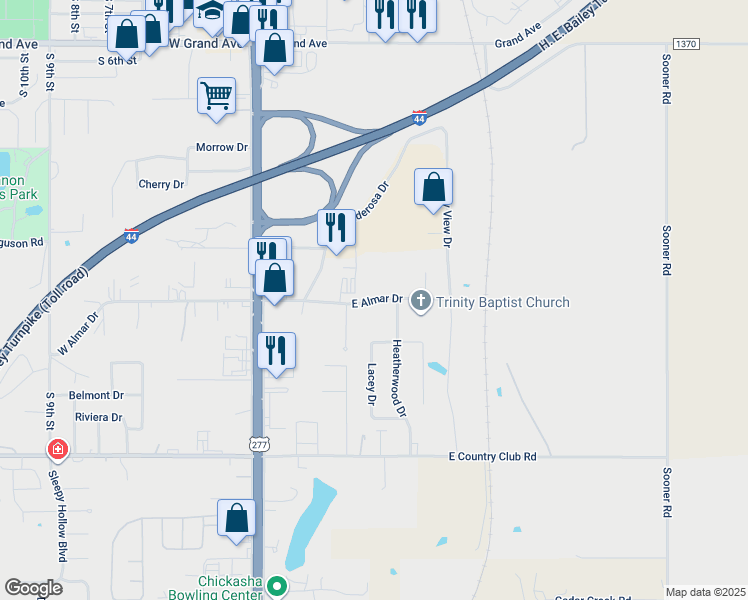 map of restaurants, bars, coffee shops, grocery stores, and more near 268 East Almar Drive in Chickasha