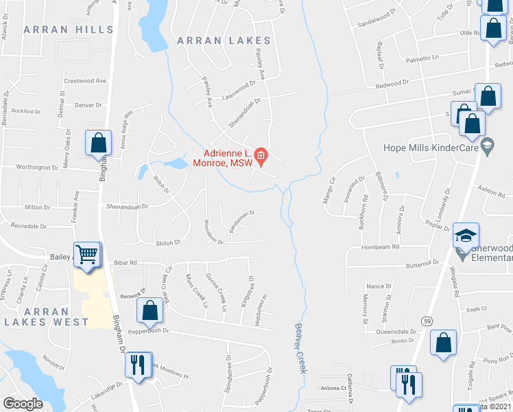 map of restaurants, bars, coffee shops, grocery stores, and more near 5720 Randleman Street in Fayetteville