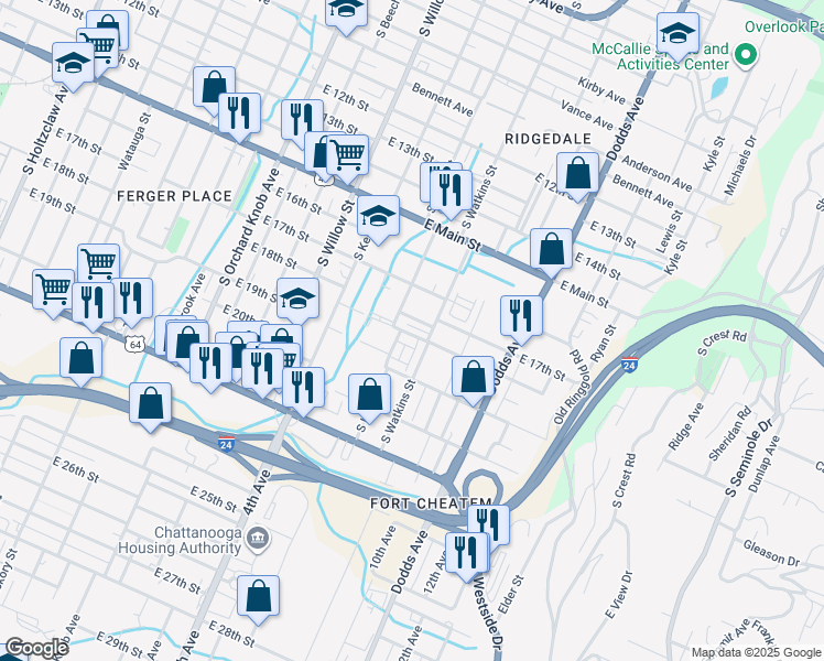 map of restaurants, bars, coffee shops, grocery stores, and more near 2335 East 18th Street in Chattanooga