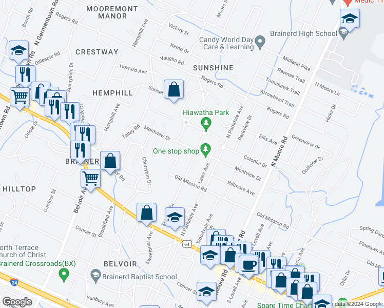 map of restaurants, bars, coffee shops, grocery stores, and more near 219 Sequoia Drive in Chattanooga