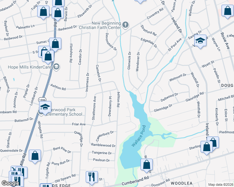 map of restaurants, bars, coffee shops, grocery stores, and more near 1810 Ashton Road in Fayetteville