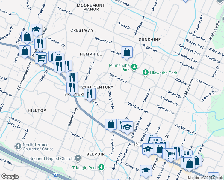map of restaurants, bars, coffee shops, grocery stores, and more near 203 Hillside Drive in Chattanooga