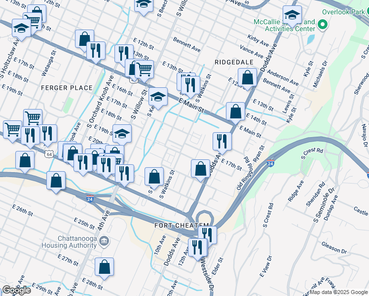 map of restaurants, bars, coffee shops, grocery stores, and more near 1700 South Watkins Street in Chattanooga