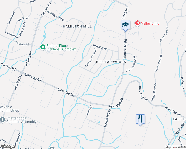 map of restaurants, bars, coffee shops, grocery stores, and more near 1931 Howell Mill Drive in Chattanooga