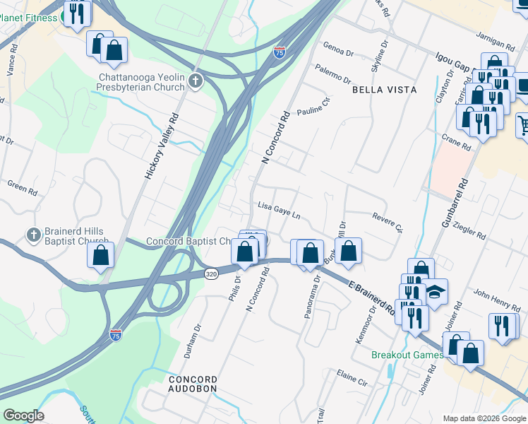 map of restaurants, bars, coffee shops, grocery stores, and more near 1508 Kippy Drive in Chattanooga