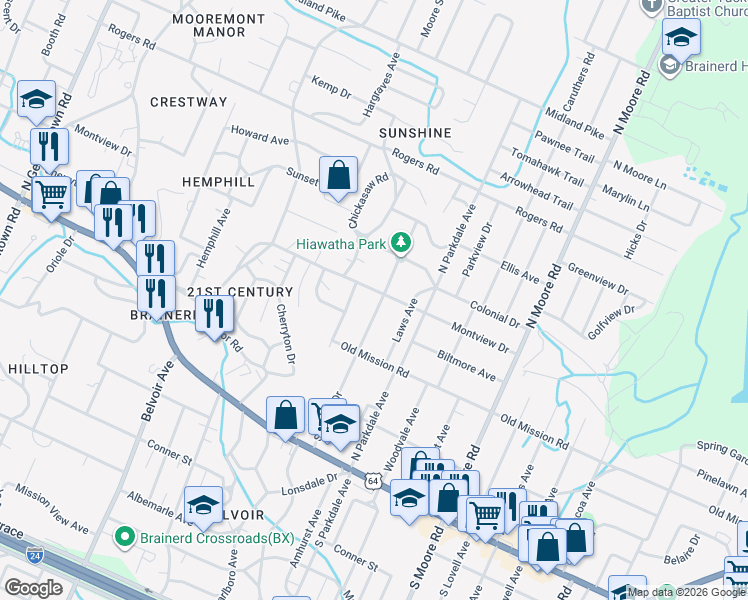 map of restaurants, bars, coffee shops, grocery stores, and more near 219 Sequoia Drive in Chattanooga