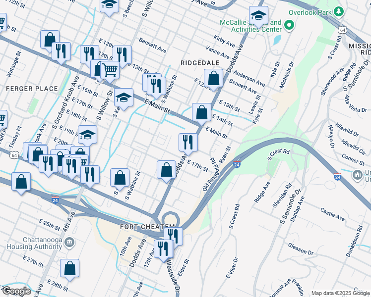 map of restaurants, bars, coffee shops, grocery stores, and more near 1600 U.S. 41 in Chattanooga