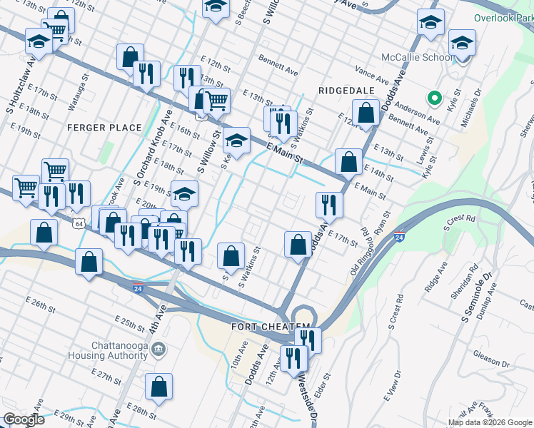 map of restaurants, bars, coffee shops, grocery stores, and more near 2335 East 18th Street in Chattanooga