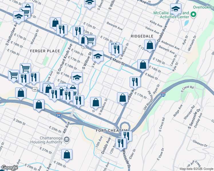 map of restaurants, bars, coffee shops, grocery stores, and more near 2335 East 18th Street in Chattanooga