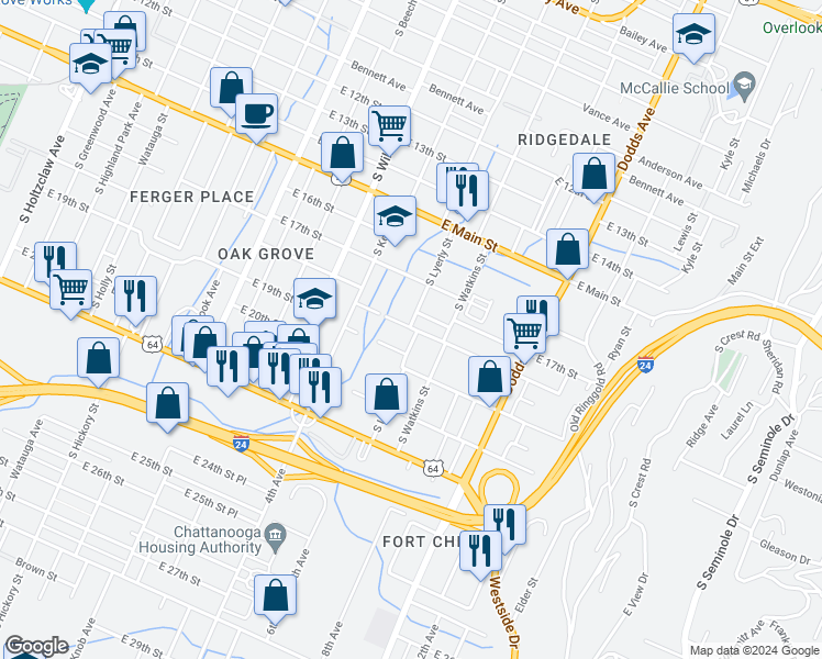 map of restaurants, bars, coffee shops, grocery stores, and more near 2335 East 18th Street in Chattanooga