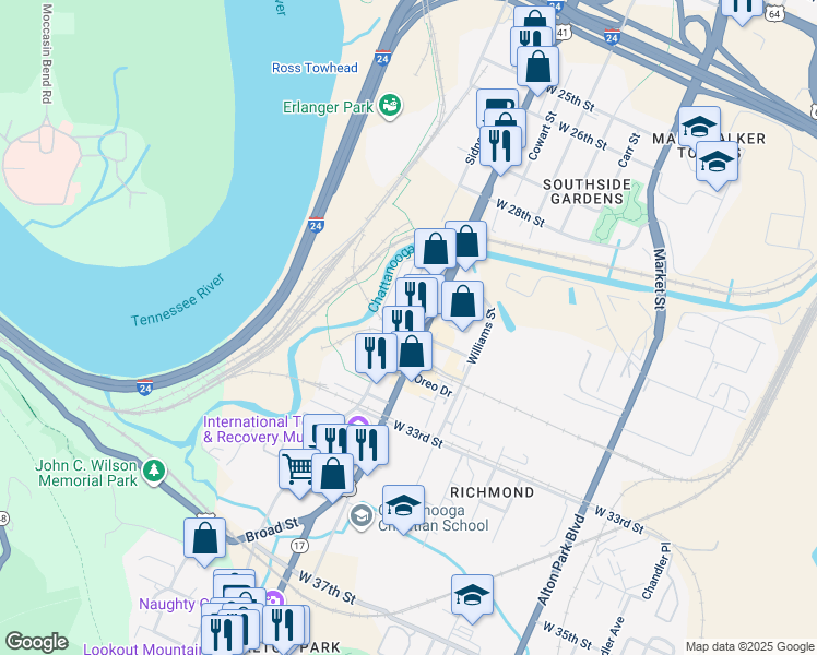 map of restaurants, bars, coffee shops, grocery stores, and more near 3146 Saint Elmo Avenue in Chattanooga