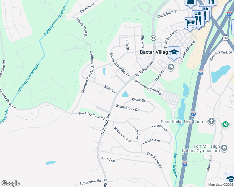 map of restaurants, bars, coffee shops, grocery stores, and more near 103 Mills Lane in Fort Mill