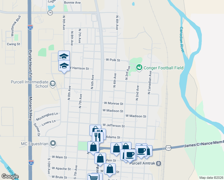 map of restaurants, bars, coffee shops, grocery stores, and more near 326 Jackson Street in Purcell