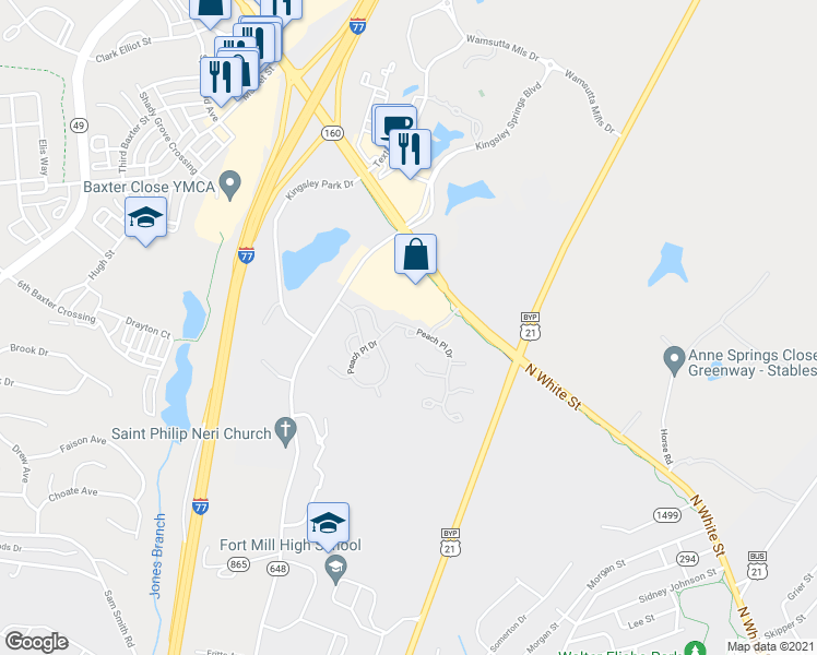 map of restaurants, bars, coffee shops, grocery stores, and more near 700 Sunland Drive in Fort Mill