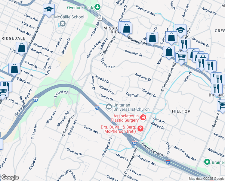 map of restaurants, bars, coffee shops, grocery stores, and more near 3585 Idlewild Circle in Chattanooga