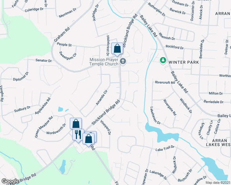 map of restaurants, bars, coffee shops, grocery stores, and more near 6400 Ezras Court in Fayetteville