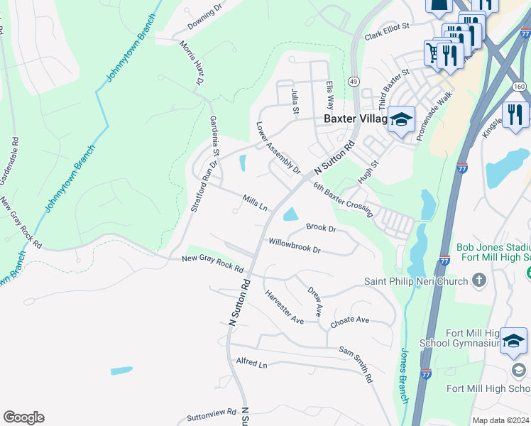 map of restaurants, bars, coffee shops, grocery stores, and more near 105 Mills Lane in Fort Mill