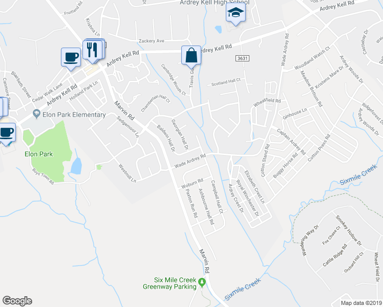 map of restaurants, bars, coffee shops, grocery stores, and more near 17504 Baldwin Hall Drive in Charlotte