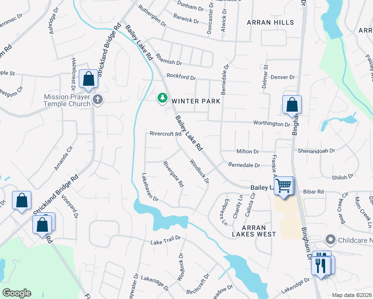 map of restaurants, bars, coffee shops, grocery stores, and more near 1863-1867 Windlock Drive in Fayetteville