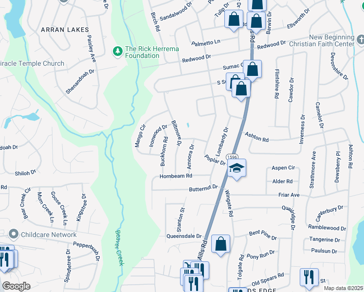 map of restaurants, bars, coffee shops, grocery stores, and more near 2105 Biltmore Drive in Fayetteville