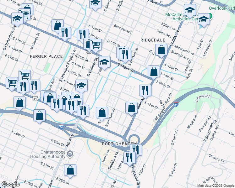 map of restaurants, bars, coffee shops, grocery stores, and more near 2335 East 18th Street in Chattanooga
