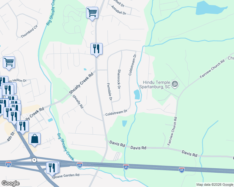 map of restaurants, bars, coffee shops, grocery stores, and more near 408 Shamrock Drive in Boiling Springs