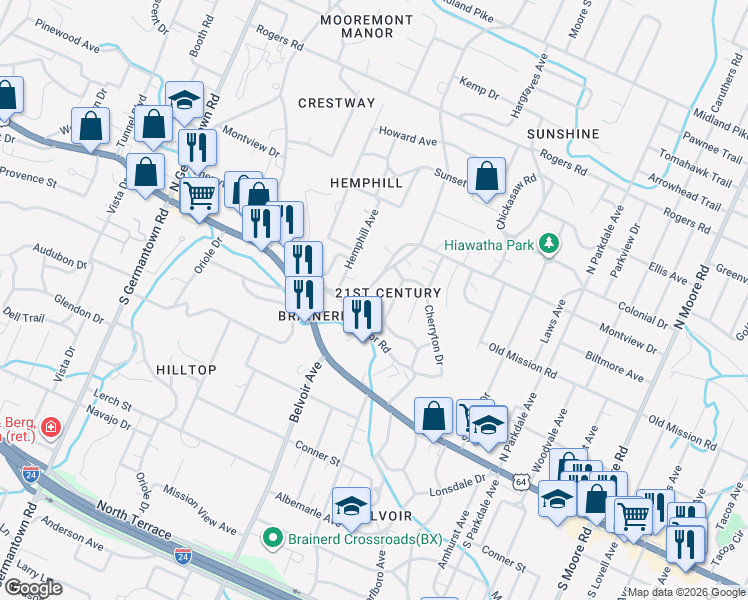 map of restaurants, bars, coffee shops, grocery stores, and more near 102 Talley Rd in Chattanooga