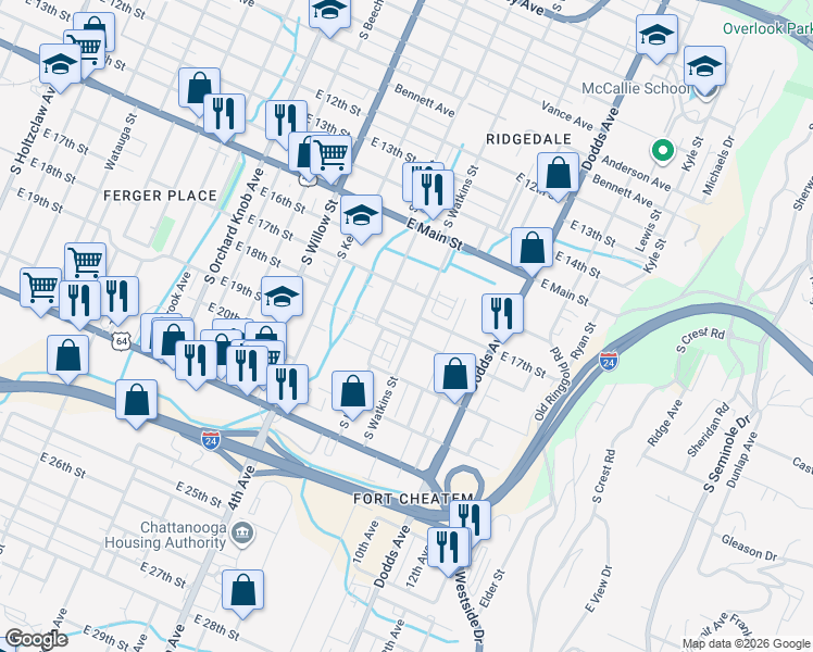 map of restaurants, bars, coffee shops, grocery stores, and more near 2335 East 18th Street in Chattanooga