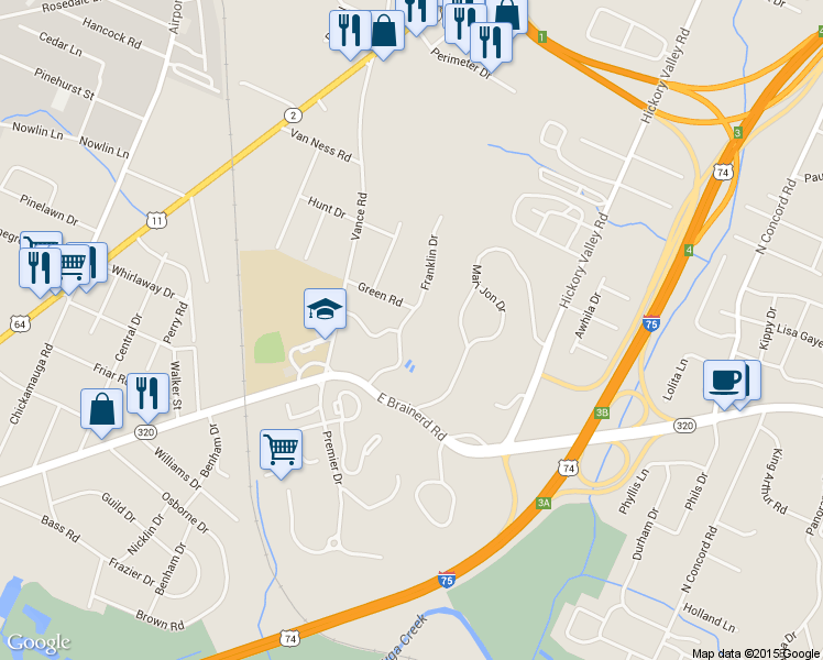 map of restaurants, bars, coffee shops, grocery stores, and more near 1226 Franklin Drive in Chattanooga